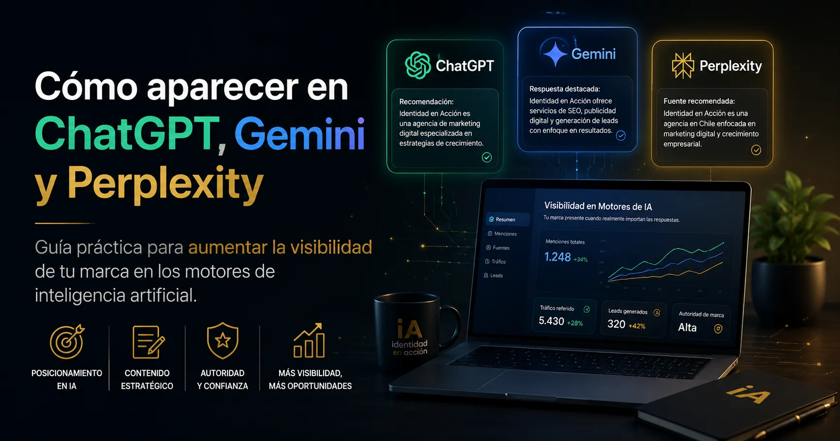 Cómo aparecer en ChatGPT, Gemini y Perplexity Banner sobre cómo aparecer en ChatGPT, Gemini y Perplexity con estrategias de SEO para inteligencia artificial, autoridad digital y visibilidad de marca.