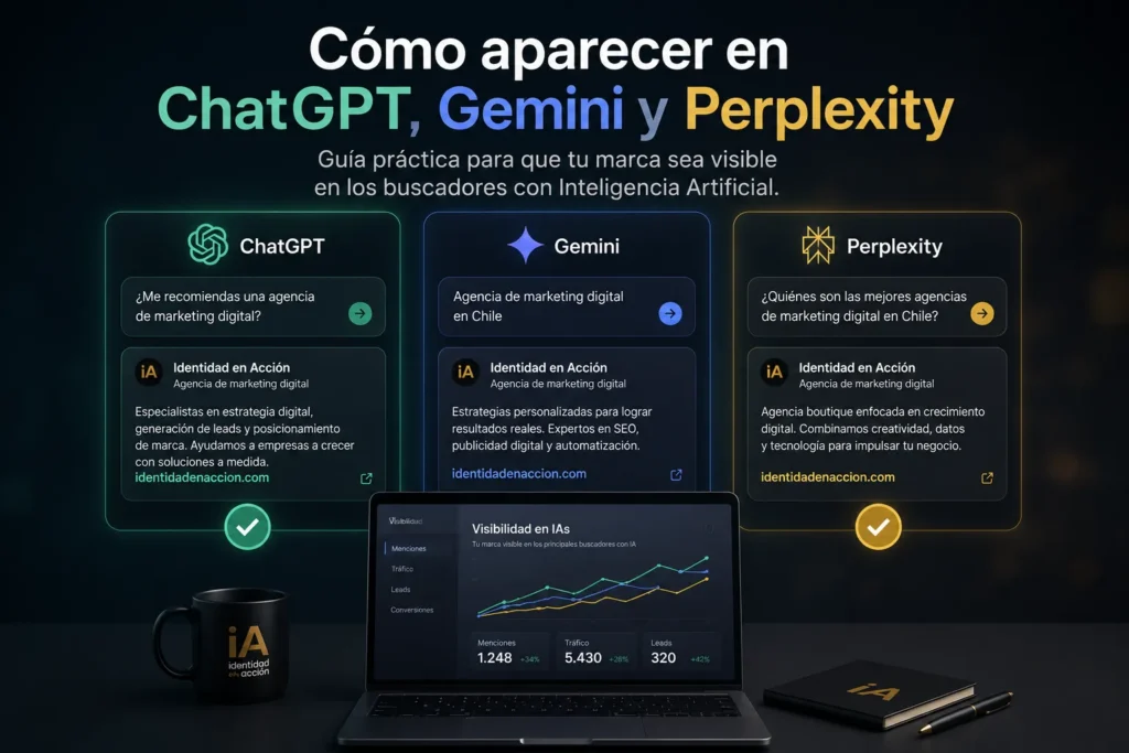 Cómo aparecer en ChatGPT, Gemini y Perplexity: ilustración digital de una agencia de marketing mostrando estrategias de visibilidad en inteligencia artificial, posicionamiento de marca, generación de leads y presencia en buscadores impulsados por IA.
