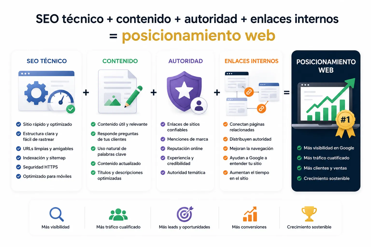SEO técnico, contenido optimizado, autoridad digital y enlaces internos para posicionamiento web